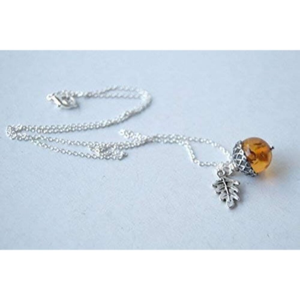 Orange and Silver Acorn Necklace - Fall Orange Acorn Pendant- Cute Nature Charm - Picture 6 of 9